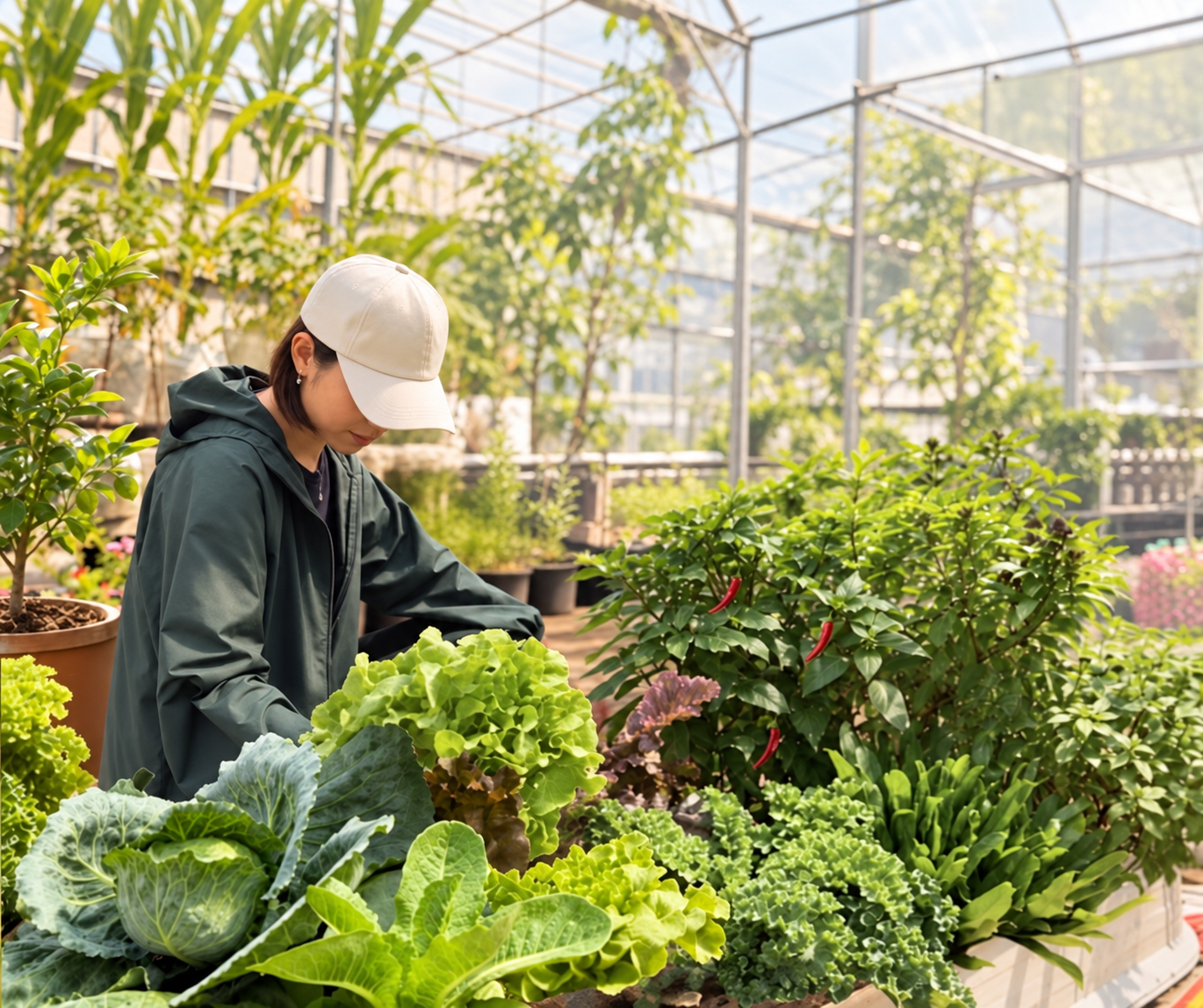 A founder tending vegetables in a greenhouse
